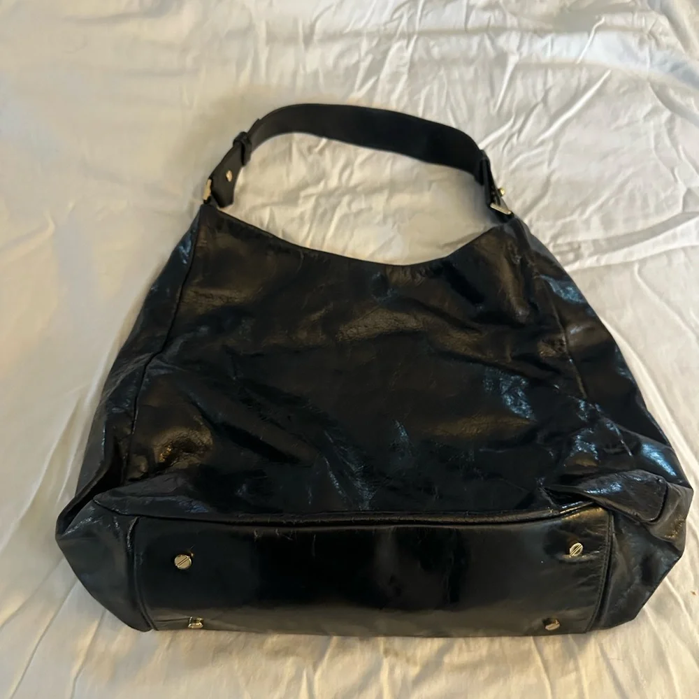 Tory Burch Dena Black Glazed Leather Hobo Shoulder Bag